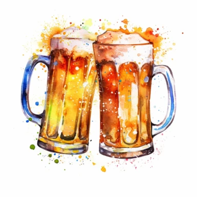 High resolution, Paint a watercolor illustration of two beer mugs clinking together in a toast, with vibrant colors and playful foam overflowing from the glasses, watercolor clipart, white background for removing background