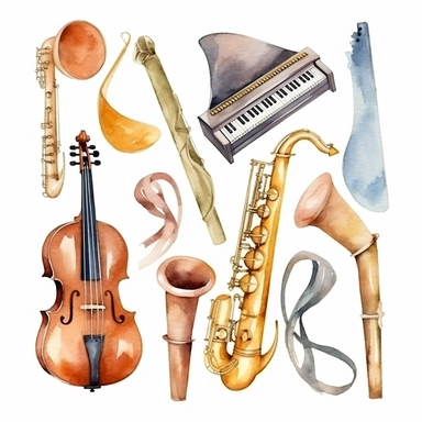 watercolor musical instruments separate clipart, include piano, quitar, flute, saxophone, and old discs. high resolution and on white background