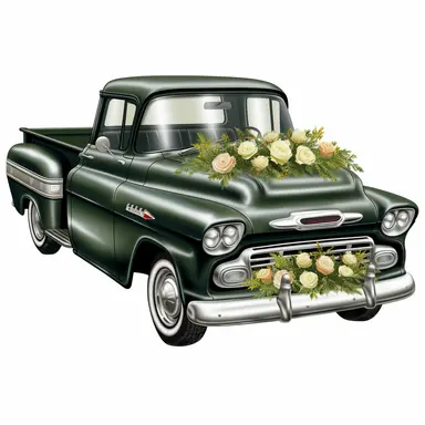 chevy pickup truck filled with olive green roses in the back clipart,hd, white background
