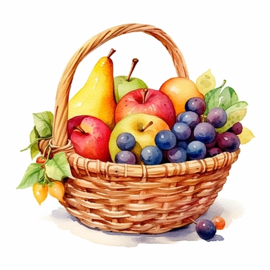 vintage basket full of summer fruit, watercolor, clip art, white background