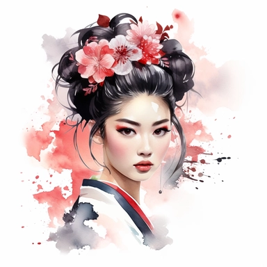 Create a watercolor clipart portrait of a Japanese Geisha in a traditional kimono, with intricate details on the hairstyle, makeup, and accessories, clipart, white background