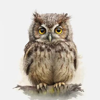 Woodland fluffy owl Clipart Watercolor, cute, lovely, happy, funny, friendly full body furry brown grey baby owl, large emotive eyes, intense gaze, looking straight, atercolour, looking surprised and cute, sitting on a tree brunch white background, no plants, no grass, nursery clipart
