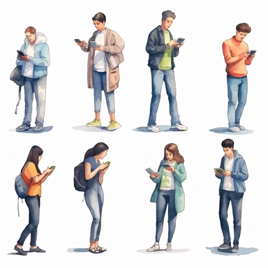watercolor, Hands holding mobile phones set. Fingers touching, tapping, scrolling smartphone screens, using applications. People handling cell phones. png Full body realistic cartoon in 32K UHD cute. 15 cm thick outline. Black color. There was no shadow on the ground. 8k with realistic watercolors and detailed illustrations. PNG clipart, transparent white background