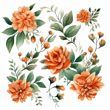watercolor flowers peach colored, deep emerald green leaves flourish, burnt orange flowers, gathered all together as a set that could lay flat across something in clipart