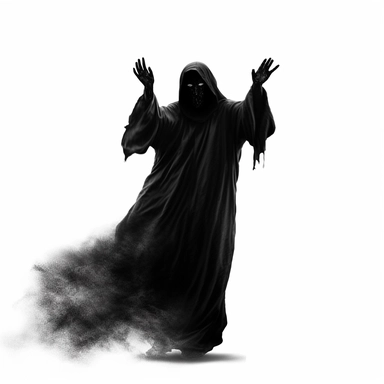DEATH APPARENT IN BLACK CLOTHES WITHOUT A FACE FLYING SCARY CLIPART ON A WHITE BACKGROUND