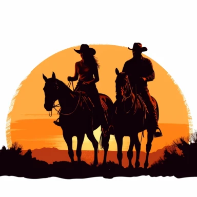 white backround, clipart, Cowboy and cowgirl riding into the sunset on horseback.