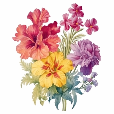 Design a dreamy watercolor clipart of Provence-inspired A mix of dahlias, lilies, and gladiolus in a colorful centerpiece composition, hand-painted with soft and graceful brushstrokes. Draw inspiration from the artistic finesse of Ethereal Petals Watercol