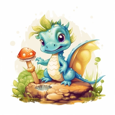 illustration of cute baby dragon in a magical forest, eating a mushroom, clipart svg, white background