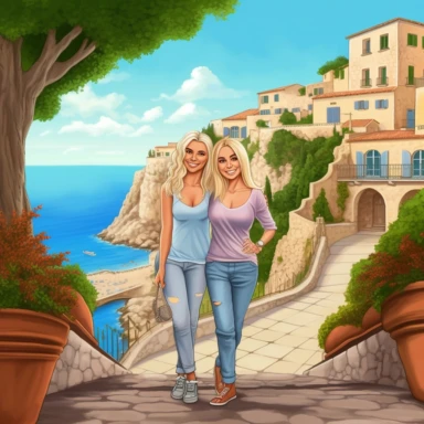 panoramic view, full view, landscape, two beautiful older middle-aged female best friends, one with long blonde hair and one with short blonde hair, age appropriate attire, same height, posing, smiling, beautiful faces, along a cobblestone walkway in a beautiful mediterranean town with view of beautiful blue water, cascading bougavanelia, beautiful summer day, illustration clipart, photo realistic, romantic, fantasy, ethereal, sharp focus, high detail,