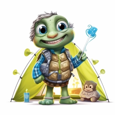 cute Turtle character wearing camping clothes and camping gear with happy face,front facing on isolated background,with happy face and expression,Animal Sublimation Clipart,no splash watercolor,white background, ultra detailed clipart, cut out image, colorful watercolor realistic, cartoon style, ultra HD, sharp and clean art