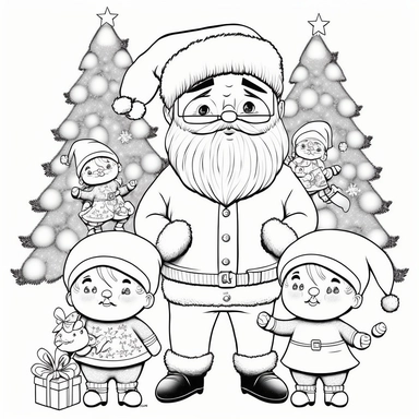 cute father christmas with christmas trees and jingle bells and little children, clip art, coloring page, black and white, line art, vector art, digital stamp, sticker