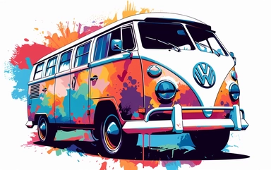 clip art of a VW bus decorated 60's style in synthwave style colourfull multicolour ultra details white background