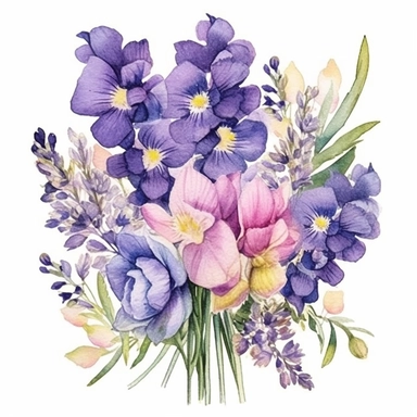 Create a personalized hand-drawn watercolor clip art image portraying a family gift niche with birth flowers. Customize the image by selecting birth flowers for a family of two: a February baby (Primrose) and a July baby (Delphinium). Use delicate watercolor techniques to bring out the intricate details of each flower, and arrange them in a way that symbolizes the strong bond between the family members.
