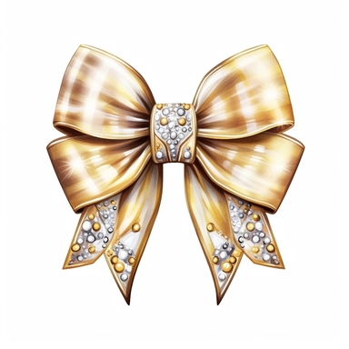 watercolor ultra realistic and hyper detailed illustration of a gold bow with white accents, clipart, white background