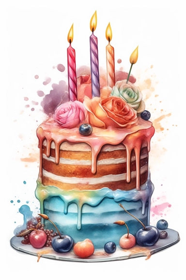 amazing detailed watercolor clipart of a beautiful detailed pastel colored birthday cake, no caption, solid white background, cinematic light lighting, hyper-detailed, 8k, high resolution, symmetrical, full shot photograph, insanely detailed and intricate, beautiful, elegant, watercolor, cinematic