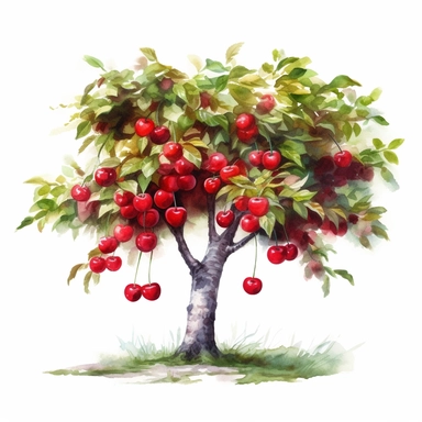 a watercolor of a cherry tree, cherry academy style, cherry red nuances, vector free clipart illustration, in the style of unreal engine 5, 32k uhd, detailed features, white background