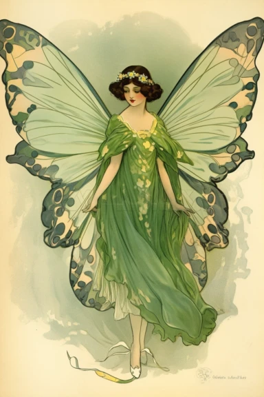 Vintage 1920 Symmetrical Fully Clothed Female Fairy with Large green Wings on its back Illustration, Chromolithograph, 1920s Illustration, Vintage, Antique, Ephemera, Clipart, 8k, on a vintage magazine cover