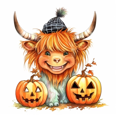 Cute funny highland cow in Jack - o' - lantern, kids cartoon style, illustrated, watercolor, isolated on a white background, high detail, unique, intricate detail , style by Lucy Fleming, watercolor, smooth gradients, black contour outline, ultra detailed, clipart elements, delicate pastel colors, solid white background, super clear, high quality