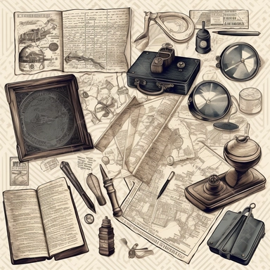 individual item of Detective letters and map and evidence and files and books and file case and magnifier and pockey clock and sheets of investigation, engraving style illustration, isolated elements, set, clipart, white background, high detail, victorian illustration, capturing the fine details and textures of the natural elements, illustration, Vector, Photography, masterpiece, color, Industrial Grunge, sticker
