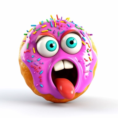 clipart of a messy female donut, there is a funny face in the female donut, cartoon, for kids, rainbow color frosting, funny, pixar, 8k, white background, sharp focus, detailed,