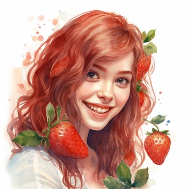 watercolor, hyper realistic, white background, white margins, 16k, ultra detailed clipart, cut out image, hand-drawn pretty female, a charming and playful appearance, perfectly complementing the strawberry theme. She has a youthful and innocent look with rosy cheeks and a bright smile. Her hair is styled in loose waves, falling just below her shoulders, and has highlights of a warm strawberry blonde color. Her dress is a sweet shade of pink. The dress has a whimsical design It has a flared skirt