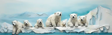 a line of cute miniature polar bear cubs on an iceberg, a collage of mixed media art made with tissue paper, magazine and newspaper clippings, oil paint, graphite pencil lines and fabric, in the style of playful surrealism, whimsical, washi tape