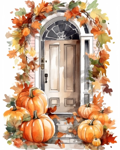 White front door, pumpkins, autumn leaves, beige color, watercolor, clipart, white background