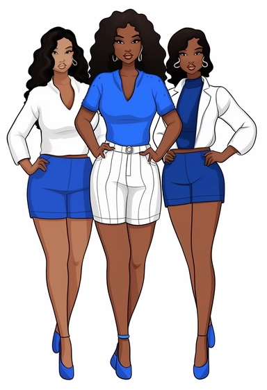 vector illustration of full body detailed melanin beautiful sorority girls with brown eyes wearing true royal blue and bright white with white background.. no watermark! vector clipart, character drawn with thick black lines like for a coloring book! with no watermarks