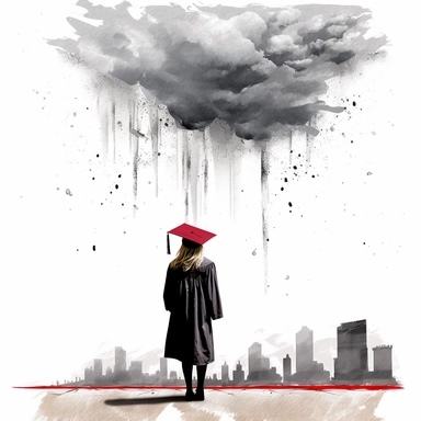 graduate receiving diploma, stormy skies, clipart, banksy style, defined edges, white background