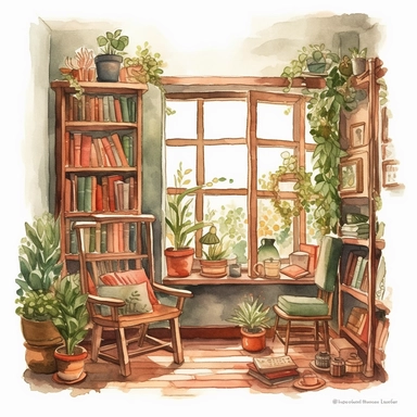 a watercolor clipart of a bookroom with a big window, white background clipart, plants and nature, in the style of darkly romantic illustrations, uhd image, studyplace, fairycore, charming character illustrations, embroidery art, lively nature scenes, portal to the next round portal--q 2