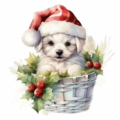 Adorable white happy puppy with a Christmas hat, nestled inside luxury decorated Christmas basket, ornamental watercolor clipart