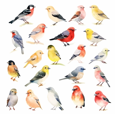 A charming watercolor clipart illustration of Finches, portrayed against a pristine white background. The artwork captures the beauty and diversity of these small songbirds, with their delicate bodies and colorful plumage. The watercolor technique adds a soft and whimsical touch to the illustration, with gentle brushstrokes that bring the birds to life. Each Finch is depicted with its unique combination of vibrant colors, showcasing the range of hues from yellows and oranges to greens and blues.