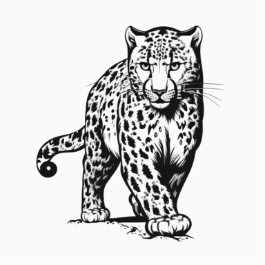 full body snow leopard logo, cartoon style, facing forward, vector logo, isolated on white, very simple, black and white, clipart