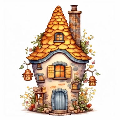 A whimsical drawing of a beehive shaped like a charming cottage, with bees flying in and out through the front door and the chimney. (Digital drawing clipart, image black border color, full body, flat texture, transparent background)