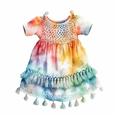 cute watercolor newborn boho Woven Macrame baby dress, isolated white background, babyshower clipart, 8k, soft multicolor boho colors