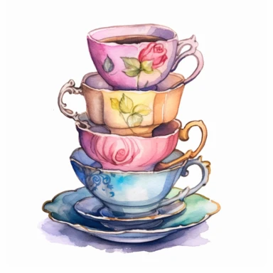 Make a clipart of a stack of five different colored victorian tea cups, use pastel color, watercolor style