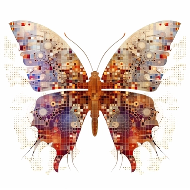 clipart of geometric butterfly, matrix code, intricate, vibrant chakra colors, sacred geometrical patterns, on white background