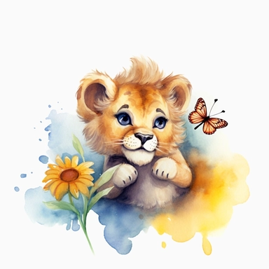watercolor cute baby lion playing with butterfly clipart, single clipart, flowers, high resolution, bold colors, 8k