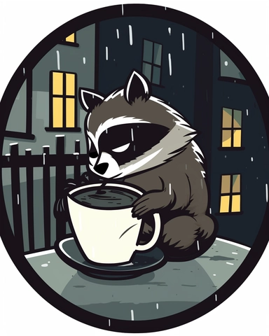 clipart sticker of racoon sipping coffee in a wet alley