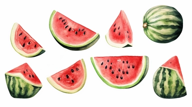 semi photorealistic outlined watercolor illustration, clipart elements, collection [watermelon fruit] cozy elements, detailed, pastels, beige, spaced, isolated white background, 8k,