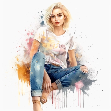 glamour model posing, blonde hair ripped jeans, watercolour style 8k clipart png transparent