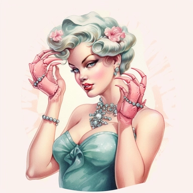 Hand drawn 1950’s pin up woman, dressed like cancer the crab, very glamorous with jewelry, shades of dusty rose teal and blue, half body, very detailed and realistic, watercolor, white background with margins, clipart style