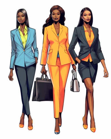 professional black women in fashionable business suits standing together, each wearing bright colors, looking happy, wearing high heels, carrying small handbags. Full body. Illustration style, clip art cartoon clipart of Naomi Campbell at 25 years old conservative business woman in trendy business suit