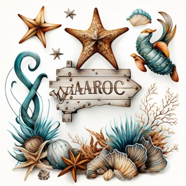 Boho nautical style, wedding wood sign, seastar, seashell, fantasy, white background, watercolor, hyperrealism, high detail, separate elements, set, clipart
