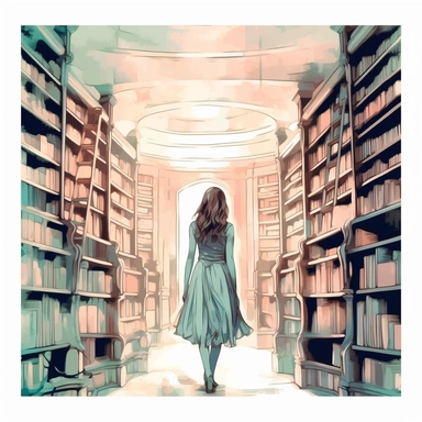 Girl in a Library with Antique Books: A clipart of a girl standing amidst a library with antique books, capturing the beauty and serenity of a vintage reading space retro look vintage blueish colors pale colors pastel graphic vector illustration painting oil painting da vinci style white background