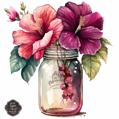 [9444540588] Watercolor clipart. An enchanting watercolor illustration featuring a bouquet of hibiscus flowers, their velvety petals delicately painted in shades of magenta, crimson, and coral, nestled in a rustic mason jar.. White background. No text. No caption. No logo