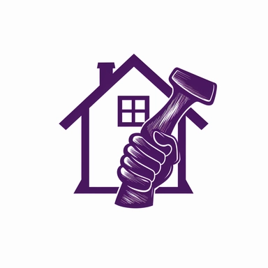 logo, hand holding a carpenter hammer, halfway to elbow in view, arm and hammer are in a house outline, purple, white background, clipart, no text, 4k UHD