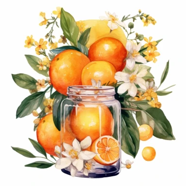 Create a watercolor oranges clipart with glass nd bouquets