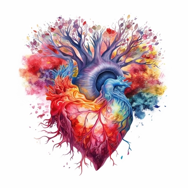 the watercolor painting of the heart of love, in the style of fluid color combinations, hyper-detailed illustrations, colorful woodcarvings, realism with fantasy elements, magewave, vibrant color palette, perfect heart shape, tree, pretty, white background, clipart