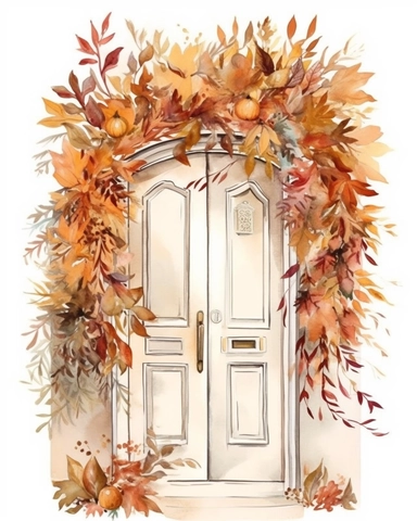 White front door, big wreath, autumn leaves, beige color, watercolor, clipart, white background